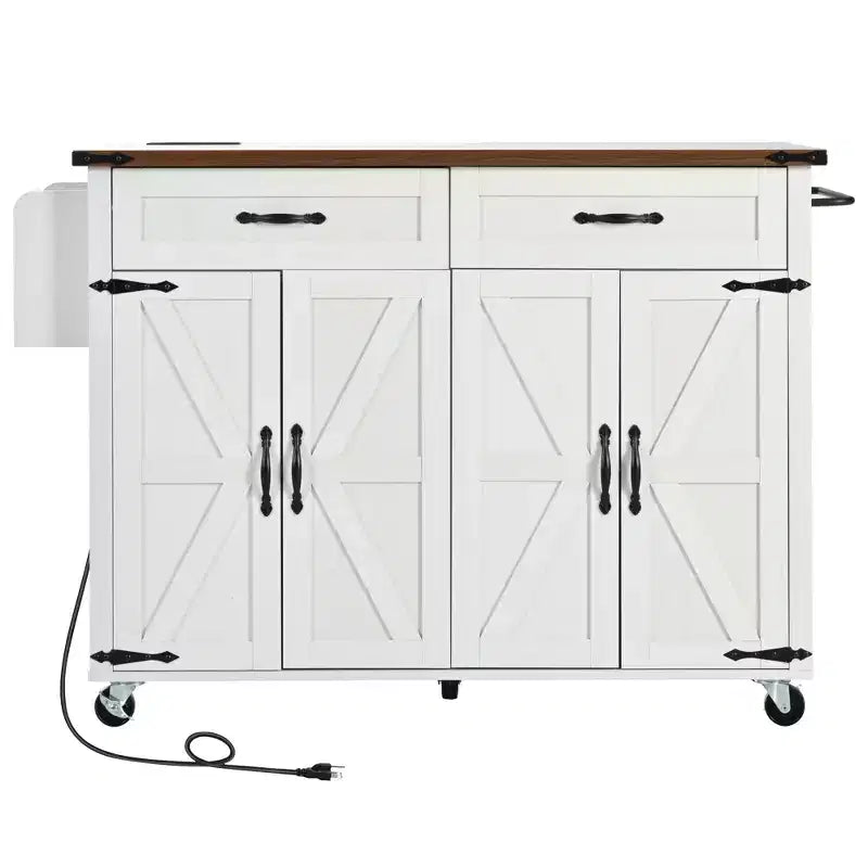 Isola Cucina da Fattoria con Presa Elettrica, Isola Contenitore da Cucina con Ribalta, Portaspezie e Cassetto, Carrello da Cucina su Ruote