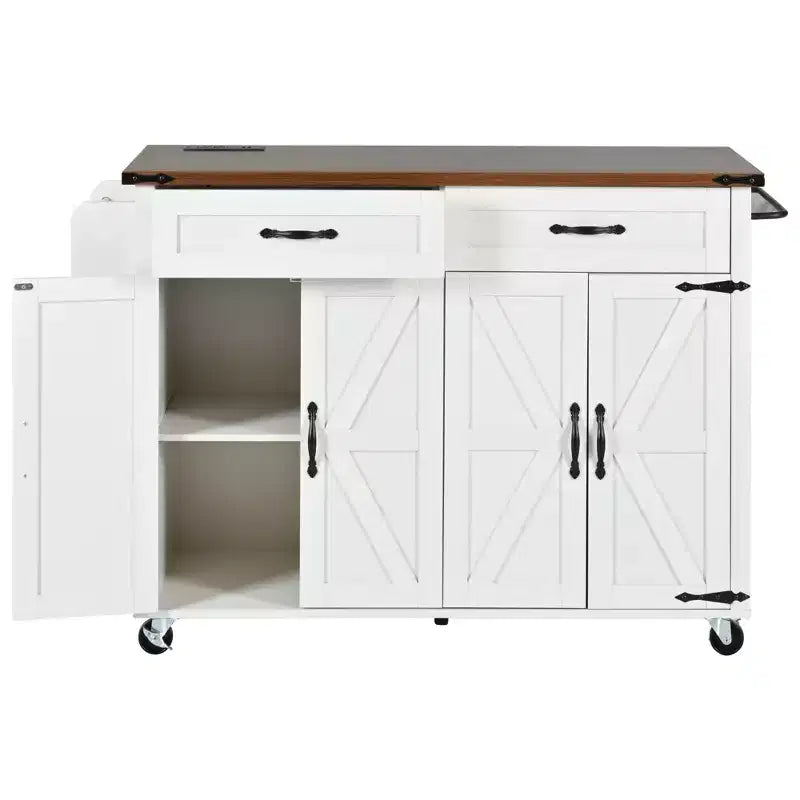 Isola Cucina da Fattoria con Presa Elettrica, Isola Contenitore da Cucina con Ribalta, Portaspezie e Cassetto, Carrello da Cucina su Ruote