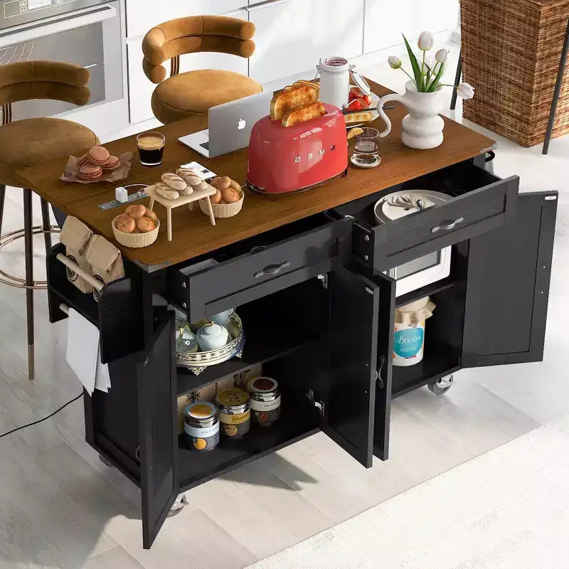 Isola Cucina da Fattoria con Presa Elettrica, Isola Contenitore da Cucina con Ribalta, Portaspezie e Cassetto, Carrello da Cucina su Ruote
