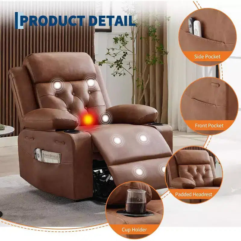 Poltrona reclinabile Power Lift sovradimensionata per soggiorno, sedile in pelle PU nera, massaggio a vibrazione, calore lombare, doppi portabicchieri, tasche laterali, ausilio per la mobilità