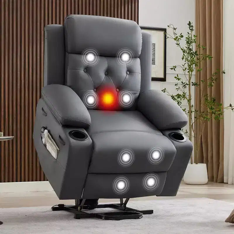 Poltrona reclinabile Power Lift sovradimensionata per soggiorno, sedile in pelle PU nera, massaggio a vibrazione, calore lombare, doppi portabicchieri, tasche laterali, ausilio per la mobilità