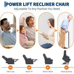 Poltrona reclinabile Power Lift sovradimensionata per soggiorno, sedile in pelle PU nera, massaggio a vibrazione, calore lombare, doppi portabicchieri, tasche laterali, ausilio per la mobilità