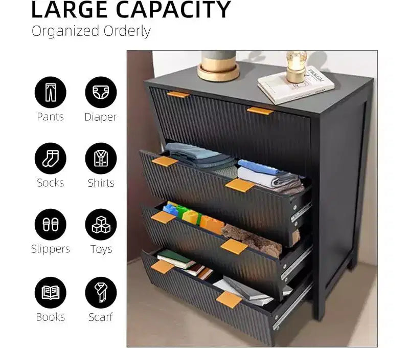 Cassettiera con 4 cassetti, Comò alto con maniglie facili da tirare, Mobile contenitore con pannello scanalato a onda, Elegante armadio organizer per vestiti