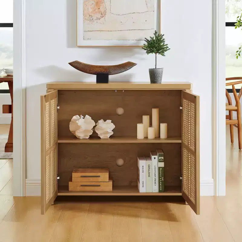 Okak Buffet Credenza in Legno Mid-Century con Ante in Rattan, Mobile Contenitore Retrò per Cucina, Sala da Pranzo