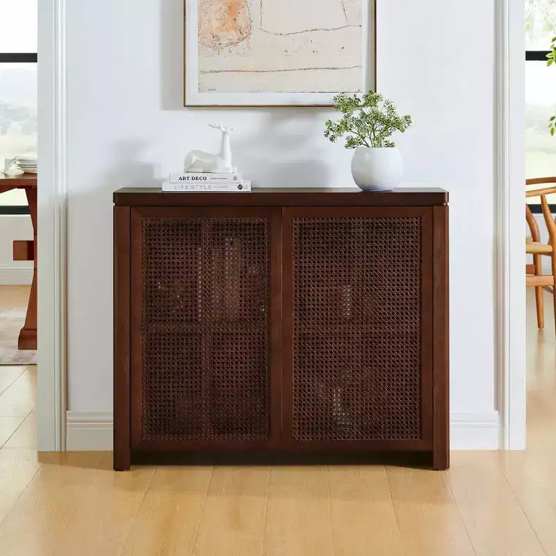 Okak Buffet Credenza in Legno Mid-Century con Ante in Rattan, Mobile Contenitore Retrò per Cucina, Sala da Pranzo