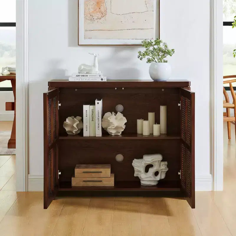 Okak Buffet Credenza in Legno Mid-Century con Ante in Rattan, Mobile Contenitore Retrò per Cucina, Sala da Pranzo