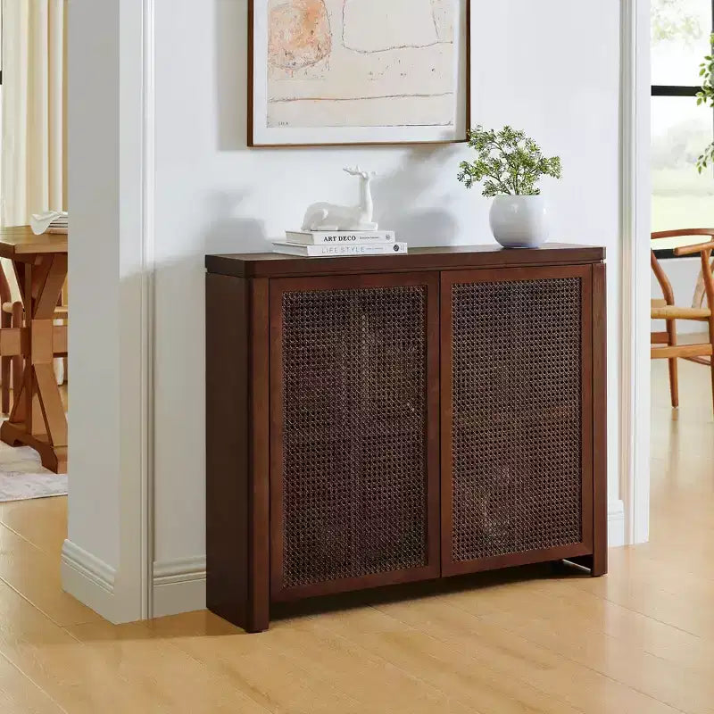 Okak Buffet Credenza in Legno Mid-Century con Ante in Rattan, Mobile Contenitore Retrò per Cucina, Sala da Pranzo