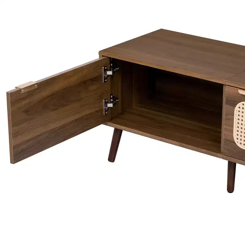 Mobile TV moderno con ante per TV da 85 pollici, mobiletto porta TV in legno con gambe in legno massello per soggiorno, noce
