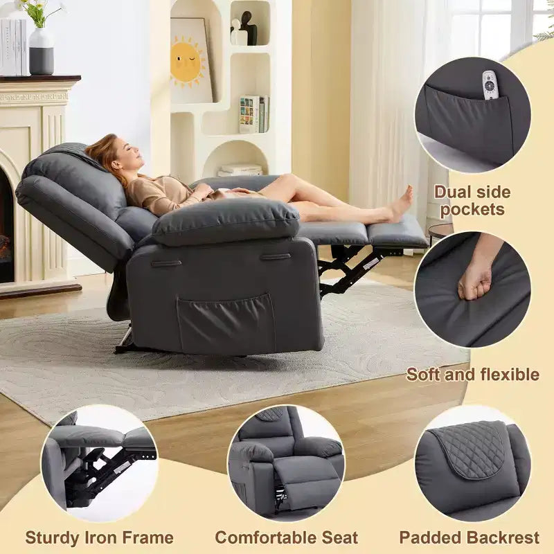 Poltrona Reclinabile Manuale per Adulti con Riscaldamento e Massaggio - Regolazione Anteriore/Posteriore a 135°, Tasche Portaoggetti Laterali e Telecomando, Ideale per Soggiorno e Camera da Letto