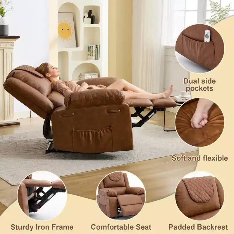 Poltrona Reclinabile Manuale per Adulti con Riscaldamento e Massaggio - Regolazione Anteriore/Posteriore a 135°, Tasche Portaoggetti Laterali e Telecomando, Ideale per Soggiorno e Camera da Letto