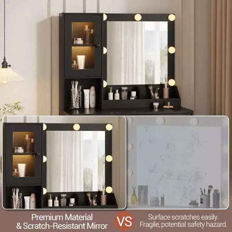 Toeletta con Specchio e Luci, Tavolo da Trucco con Lampadine Regolabili, Piano Robusto in MDF e Gambe in Metallo, Cassetti e Armadietti Intelligenti per Camera da Letto
