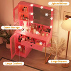Toeletta con Specchio e Luci, Tavolo da Trucco con Lampadine Regolabili, Piano Robusto in MDF e Gambe in Metallo, Cassetti e Armadietti Intelligenti per Camera da Letto