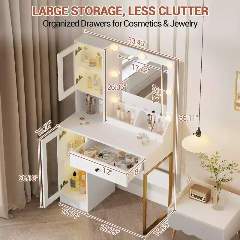 Toeletta con Specchio e Luci, Tavolo da Trucco con Lampadine Regolabili, Piano Robusto in MDF e Gambe in Metallo, Cassetti e Armadietti Intelligenti per Camera da Letto