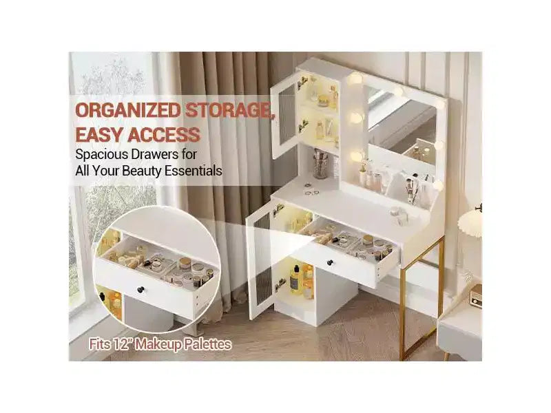 Toeletta con Specchio e Luci, Tavolo da Trucco con Lampadine Regolabili, Piano Robusto in MDF e Gambe in Metallo, Cassetti e Armadietti Intelligenti per Camera da Letto