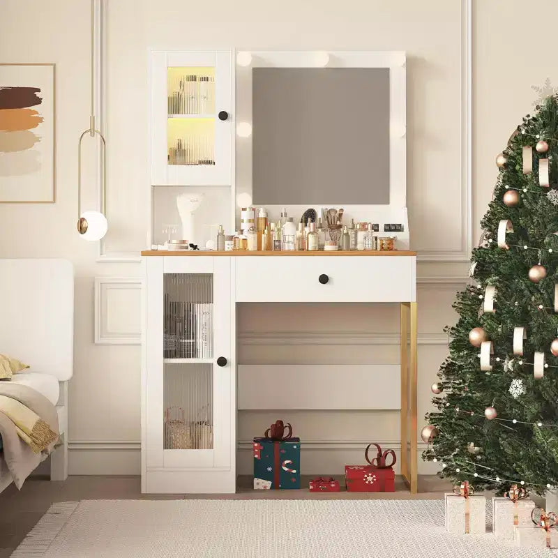 Toeletta con Specchio e Luci, Tavolo da Trucco con Lampadine Regolabili, Piano Robusto in MDF e Gambe in Metallo, Cassetti e Armadietti Intelligenti per Camera da Letto