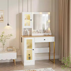 Toeletta con Specchio e Luci, Tavolo da Trucco con Lampadine Regolabili, Piano Robusto in MDF e Gambe in Metallo, Cassetti e Armadietti Intelligenti per Camera da Letto