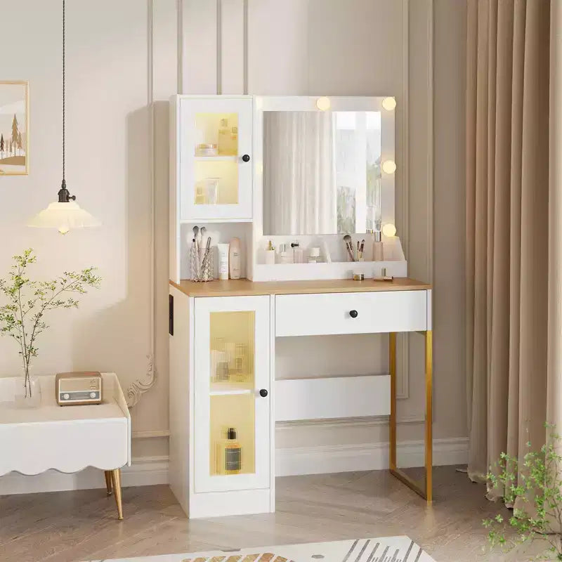 Toeletta con Specchio e Luci, Tavolo da Trucco con Lampadine Regolabili, Piano Robusto in MDF e Gambe in Metallo, Cassetti e Armadietti Intelligenti per Camera da Letto