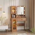 Vanity Desk with Mirror and Lights, Makeup Dressing Table w/Adjustable Bulbs, Sturdy MDF Top & Metal Leg, Smart Storage Drawers & Cabinets for Bedroom