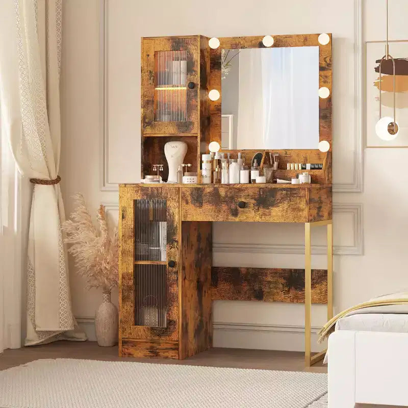 Toeletta con Specchio e Luci, Tavolo da Trucco con Lampadine Regolabili, Piano Robusto in MDF e Gambe in Metallo, Cassetti e Armadietti Intelligenti per Camera da Letto