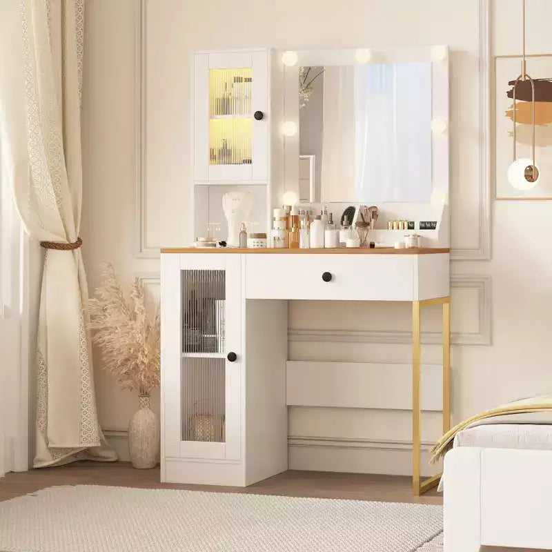 Toeletta con Specchio e Luci, Tavolo da Trucco con Lampadine Regolabili, Piano Robusto in MDF e Gambe in Metallo, Cassetti e Armadietti Intelligenti per Camera da Letto
