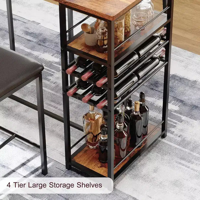 Set Tavolo da Pranzo per 2 Persone, Set Tavolo Bar Alto e Sedie, Ripiani a Giorno, Portabicchieri Incorporato e Porta Bottiglie, per Piccole Cucine, Appartamenti