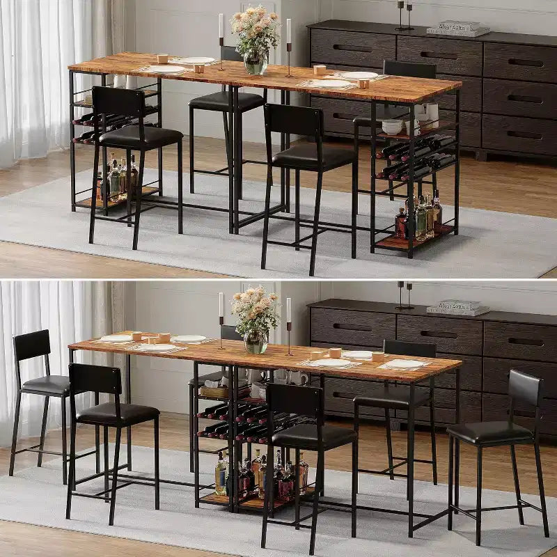Set Tavolo da Pranzo per 2 Persone, Set Tavolo Bar Alto e Sedie, Ripiani a Giorno, Portabicchieri Incorporato e Porta Bottiglie, per Piccole Cucine, Appartamenti