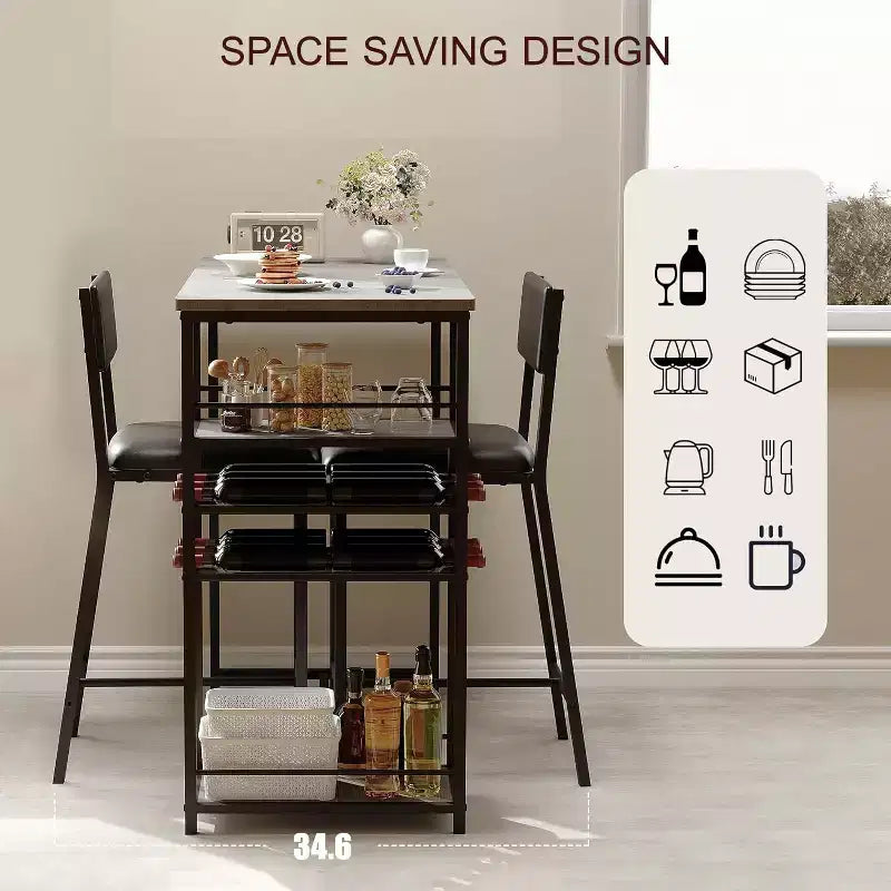 Set Tavolo da Pranzo per 2 Persone, Set Tavolo Bar Alto e Sedie, Ripiani a Giorno, Portabicchieri Incorporato e Porta Bottiglie, per Piccole Cucine, Appartamenti