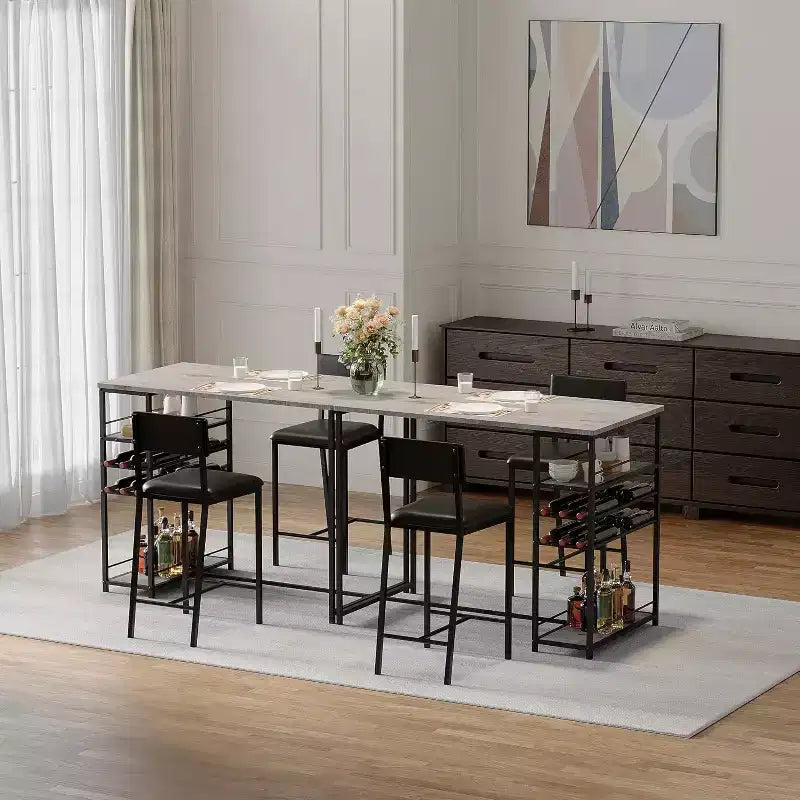 Set Tavolo da Pranzo per 2 Persone, Set Tavolo Bar Alto e Sedie, Ripiani a Giorno, Portabicchieri Incorporato e Porta Bottiglie, per Piccole Cucine, Appartamenti