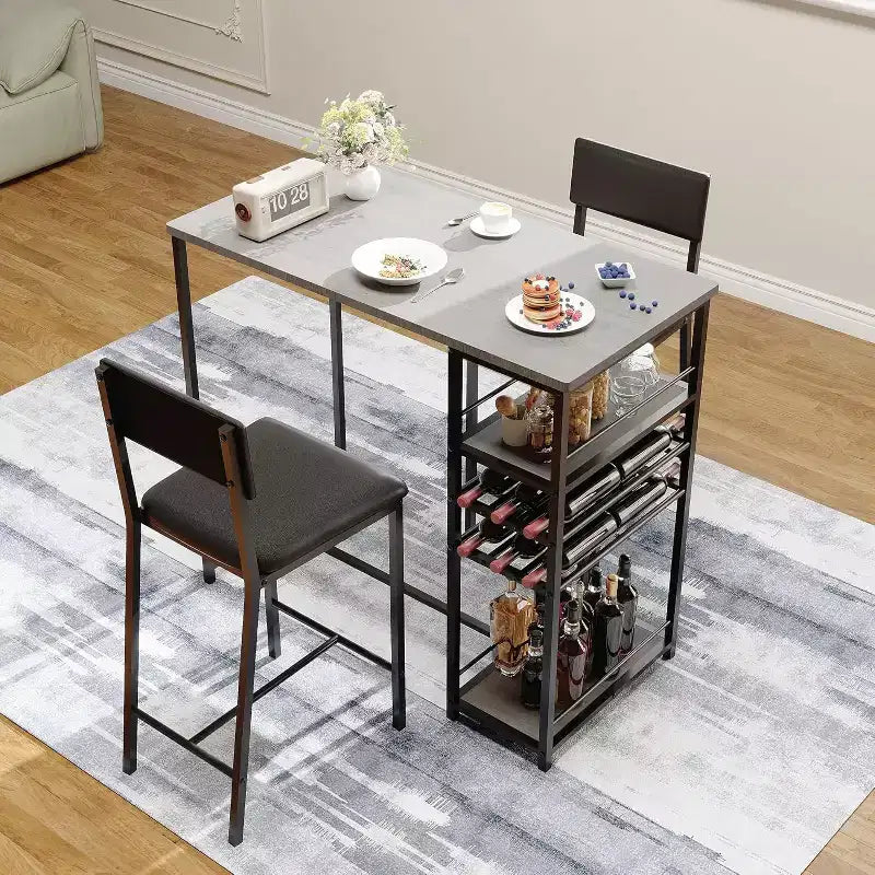 Set Tavolo da Pranzo per 2 Persone, Set Tavolo Bar Alto e Sedie, Ripiani a Giorno, Portabicchieri Incorporato e Porta Bottiglie, per Piccole Cucine, Appartamenti