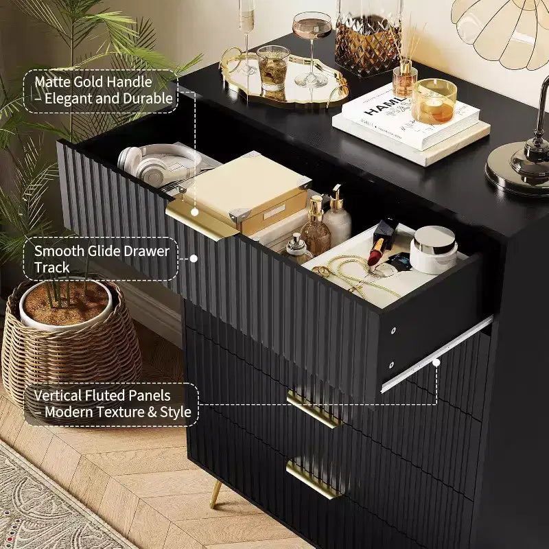 Cassettiera a 5 cassetti scanalati larghi 81 cm, finitura nera con maniglie in metallo, organizer multifunzionale per camera da letto, soggiorno, corridoio