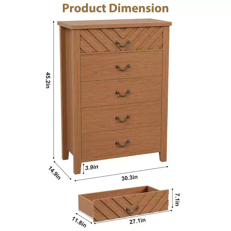 Cassettiera a 5 cassetti per camera da letto, comodino marrone a 5 cassetti con elegante design a V, organizer in legno per soggiorno, ingresso