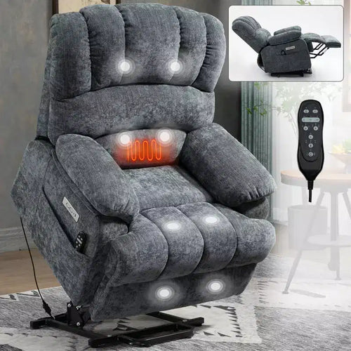 23 Seat Width and High Back Large Size Blue Grey Chenille Power Lift Recliner Chair with 8-Point Vibration Massage and Lumbar Heating