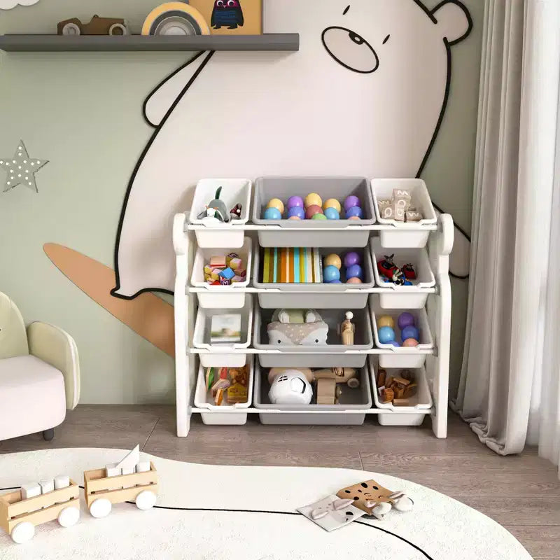 MAYEERTY Organizer portaoggetti per giocattoli per bambini, libreria a 2 ripiani 12 contenitori per giocattoli, sala giochi camera da letto camera dei bambini aula