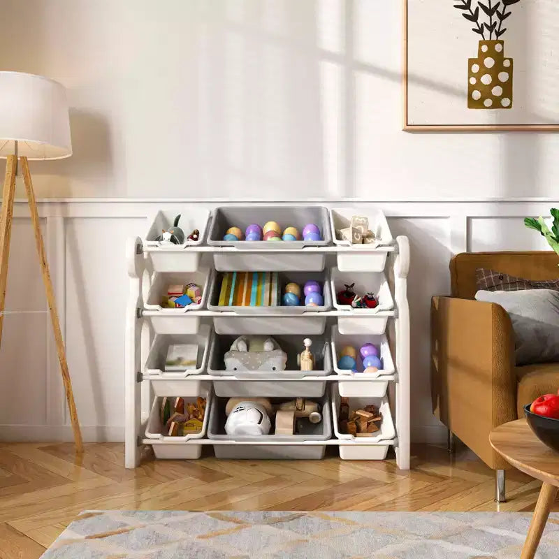 MAYEERTY Organizer portaoggetti per giocattoli per bambini, libreria a 2 ripiani 12 contenitori per giocattoli, sala giochi camera da letto camera dei bambini aula