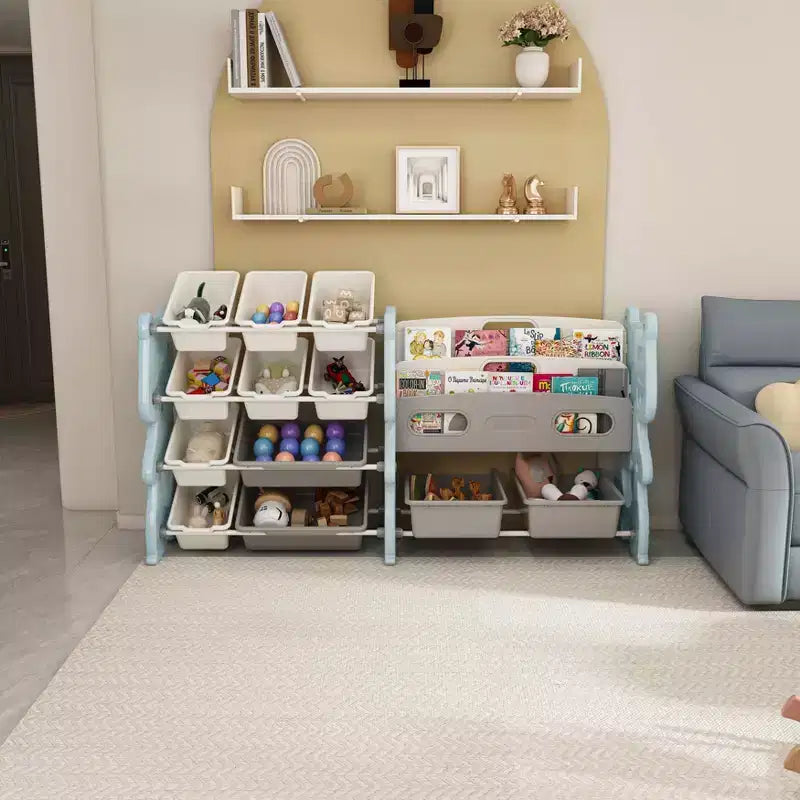 MAYEERTY Organizer portaoggetti per giocattoli per bambini, libreria a 2 ripiani 12 contenitori per giocattoli, sala giochi camera da letto camera dei bambini aula
