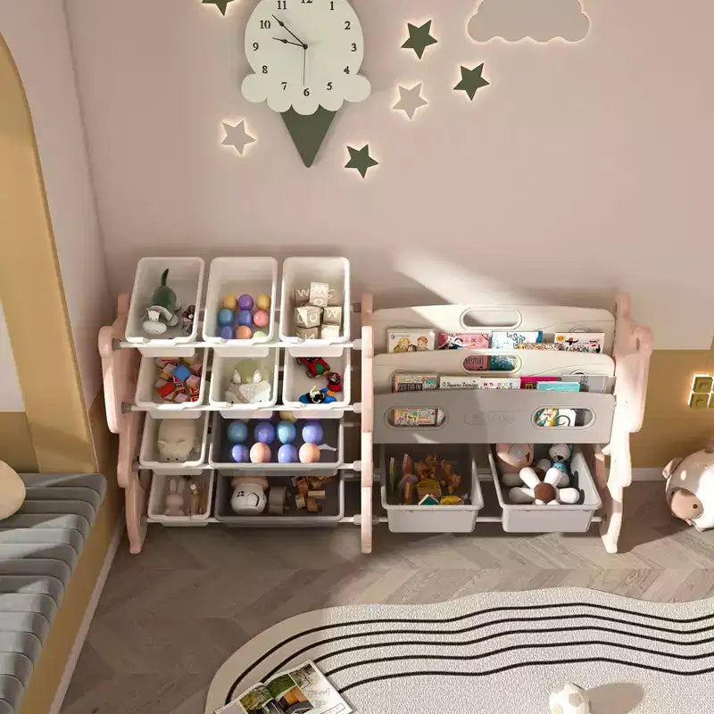 MAYEERTY Organizer portaoggetti per giocattoli per bambini, libreria a 2 ripiani 12 contenitori per giocattoli, sala giochi camera da letto camera dei bambini aula