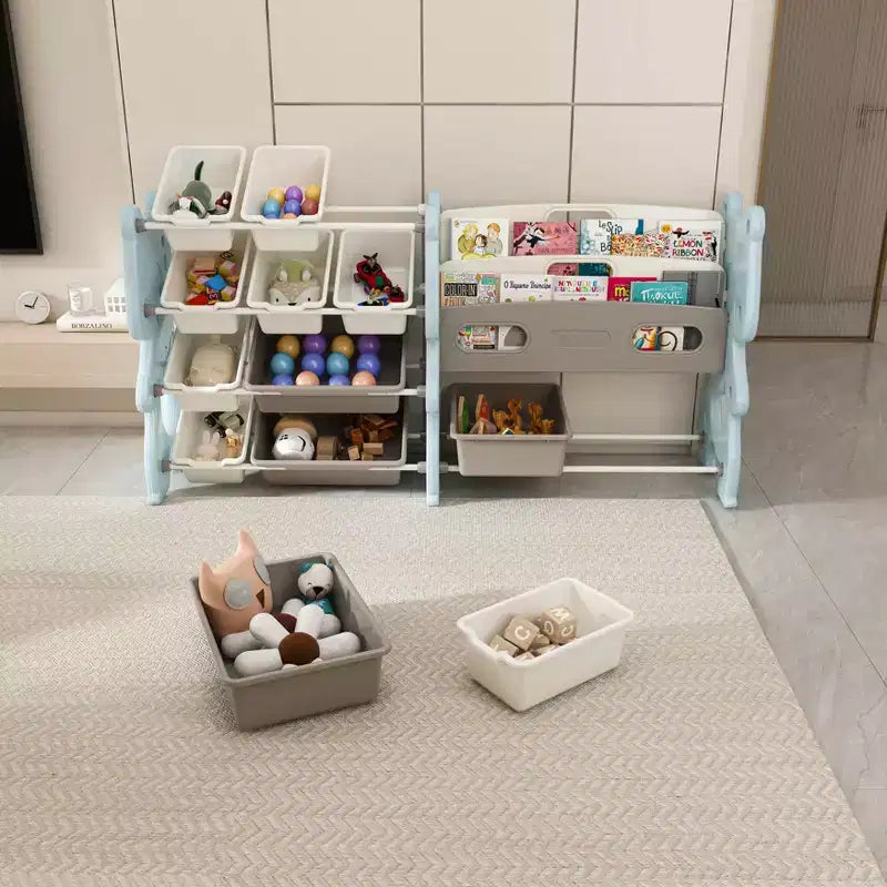 MAYEERTY Organizer portaoggetti per giocattoli per bambini, libreria a 2 ripiani 12 contenitori per giocattoli, sala giochi camera da letto camera dei bambini aula