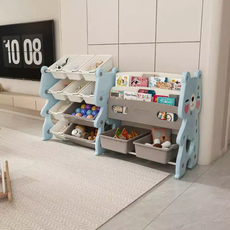 MAYEERTY Organizer portaoggetti per giocattoli per bambini, libreria a 2 ripiani 12 contenitori per giocattoli, sala giochi camera da letto camera dei bambini aula