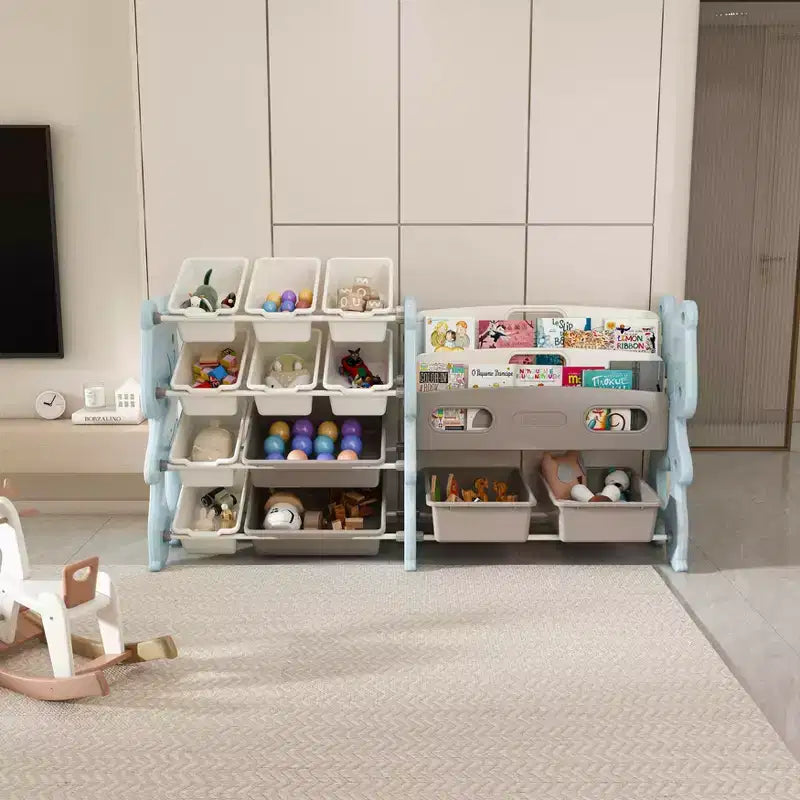 MAYEERTY Organizer portaoggetti per giocattoli per bambini, libreria a 2 ripiani 12 contenitori per giocattoli, sala giochi camera da letto camera dei bambini aula