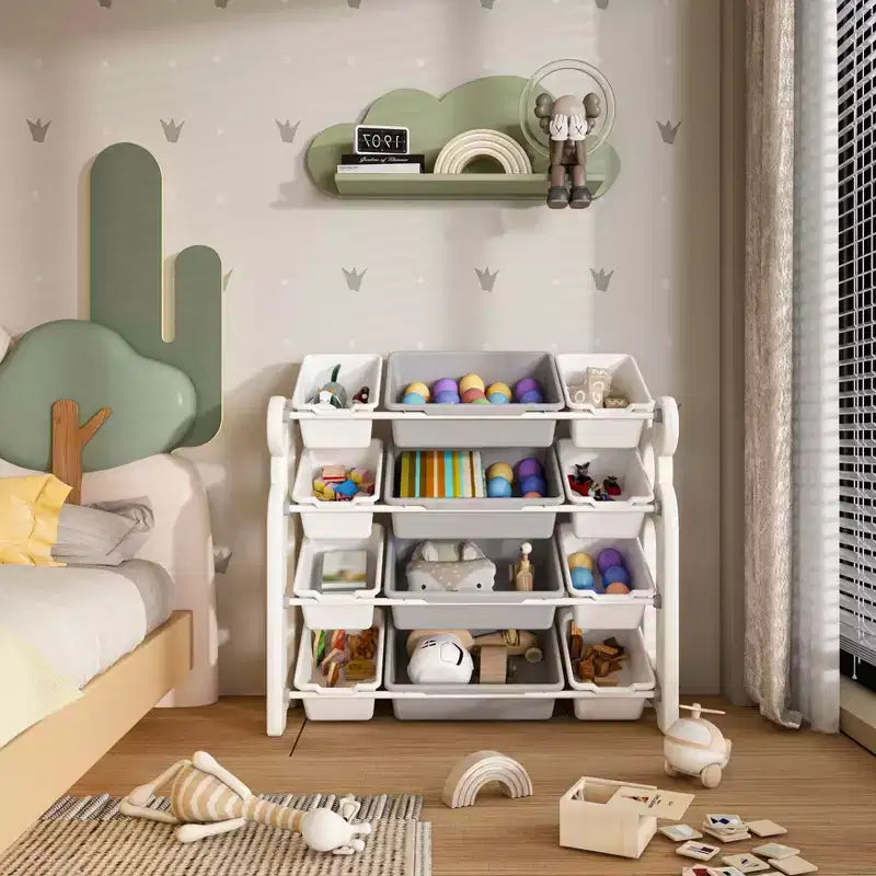 MAYEERTY Organizer portaoggetti per giocattoli per bambini, libreria a 2 ripiani 12 contenitori per giocattoli, sala giochi camera da letto camera dei bambini aula