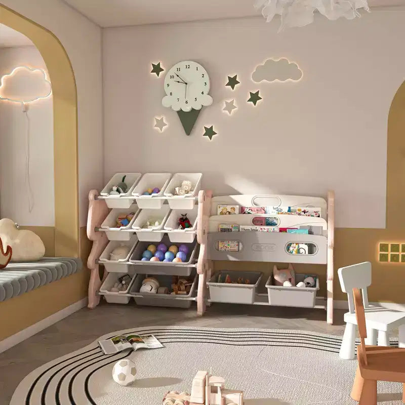 MAYEERTY Organizer portaoggetti per giocattoli per bambini, libreria a 2 ripiani 12 contenitori per giocattoli, sala giochi camera da letto camera dei bambini aula