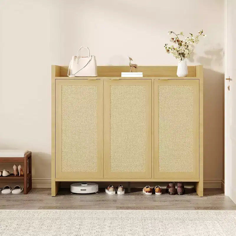 41 Rattan Shoe Storage Cabinet,Farmhouse Entryway Shoe Rack Organizer Cabinet with Doors & Adjustable for Hallway Living Room