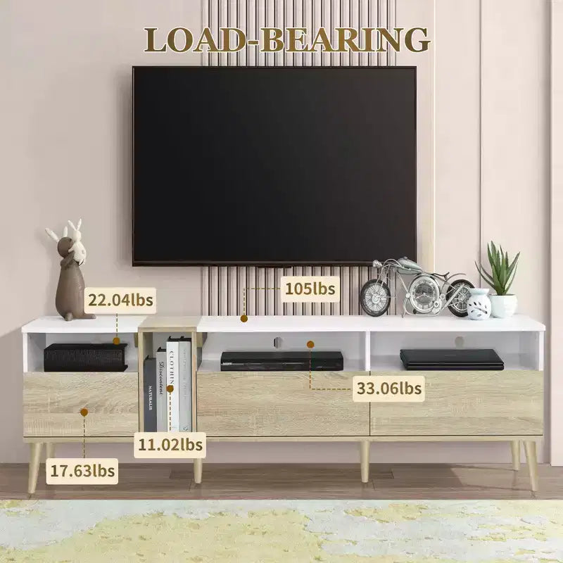Mobile TV moderno Clihome con 3 cassetti e ripiani aperti, tavolo consolle multimediale per TV fino a 80'', centro di intrattenimento per soggiorno, design in colori abbinati