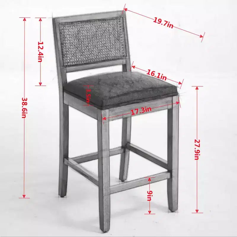 TUYOHW Set di 2 sgabelli da bar in legno massello ad altezza bancone, sedie da bar con schienale scavato effetto rattan e cuscino in lino, sedie da cucina per sala da pranzo, bar