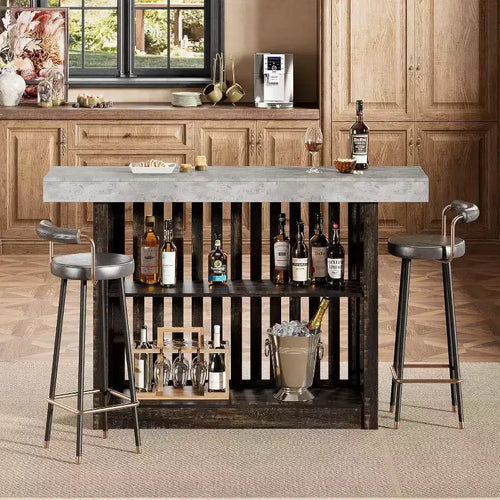 63 Long Bar Table - Counter Bar Height Pub Table with 2 Tier Storage Shelves, Modern Coffee Breakfast Bar Unit for Dining Room, Bistro, Living Room