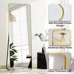 Specchio a figura intera da 56 x 21 pollici con cornice in alluminio dorato dagli angoli arrotondati per soggiorno, camera da letto, guardaroba, specchio da parete o da appoggio