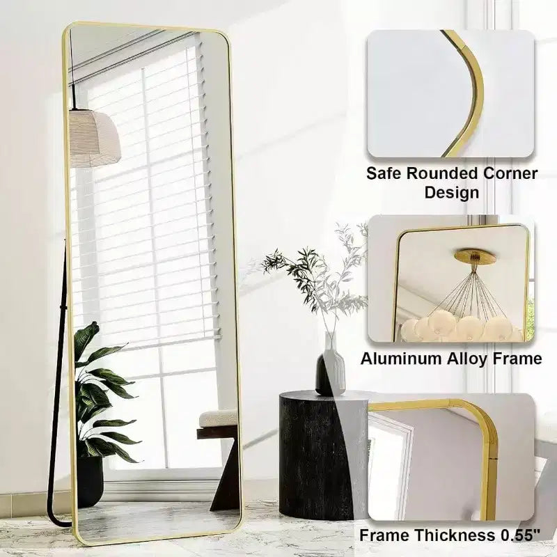 Specchio a figura intera da 56 x 21 pollici con cornice in alluminio dorato dagli angoli arrotondati per soggiorno, camera da letto, guardaroba, specchio da parete o da appoggio