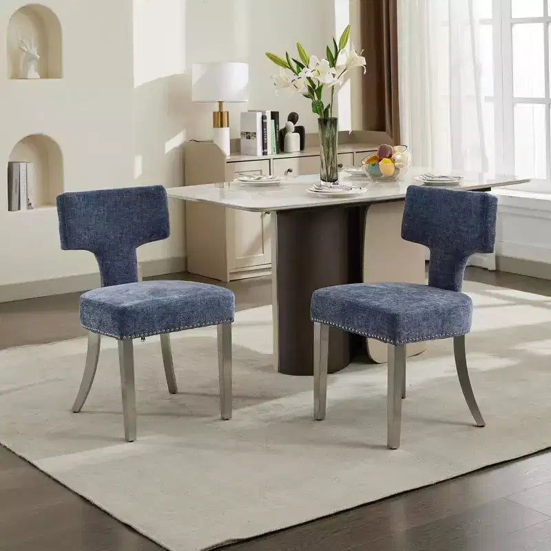 TUYOHW Set di 2 sedie da pranzo per fattoria, sedie laterali moderne di metà secolo in morbido tessuto di lino con gambe in acciaio, finiture con borchie per l'arredamento della casa
