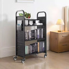 VEVOR Carrello da Biblioteca con Ruote, Capacità 150 kg, 77 x 38 x 122 cm, Carrello da Biblioteca con Ripiani a L su un Lato e Ruote Bloccabili da 3 Pollici, Nero
