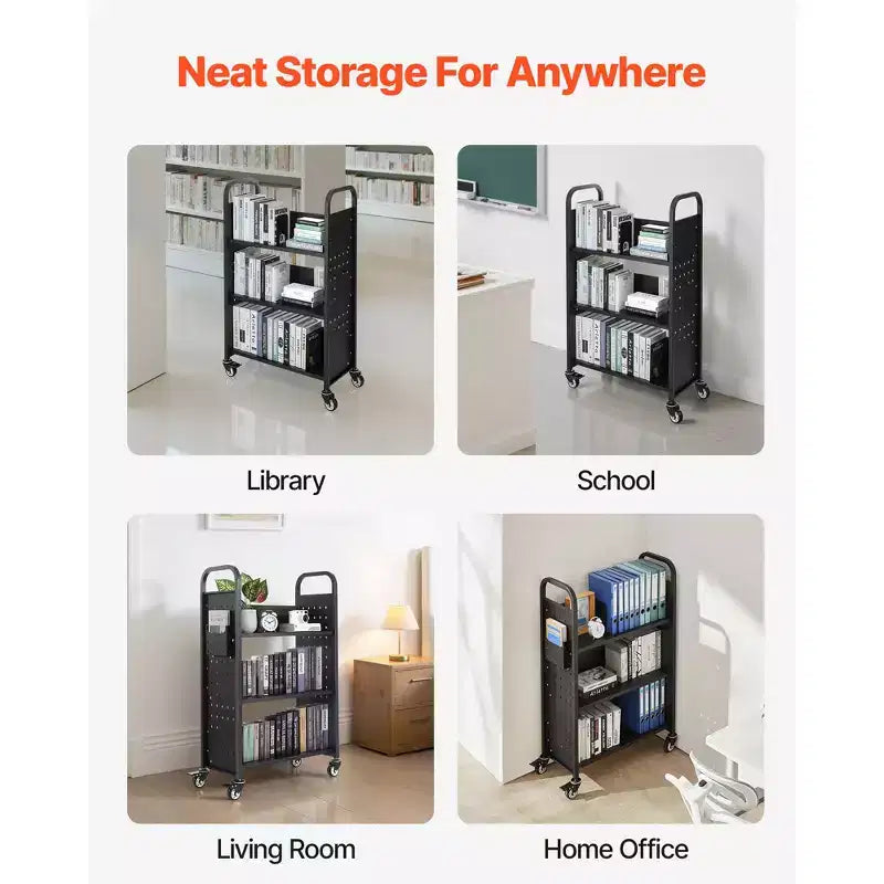 VEVOR Carrello da Biblioteca con Ruote, Capacità 150 kg, 77 x 38 x 122 cm, Carrello da Biblioteca con Ripiani a L su un Lato e Ruote Bloccabili da 3 Pollici, Nero